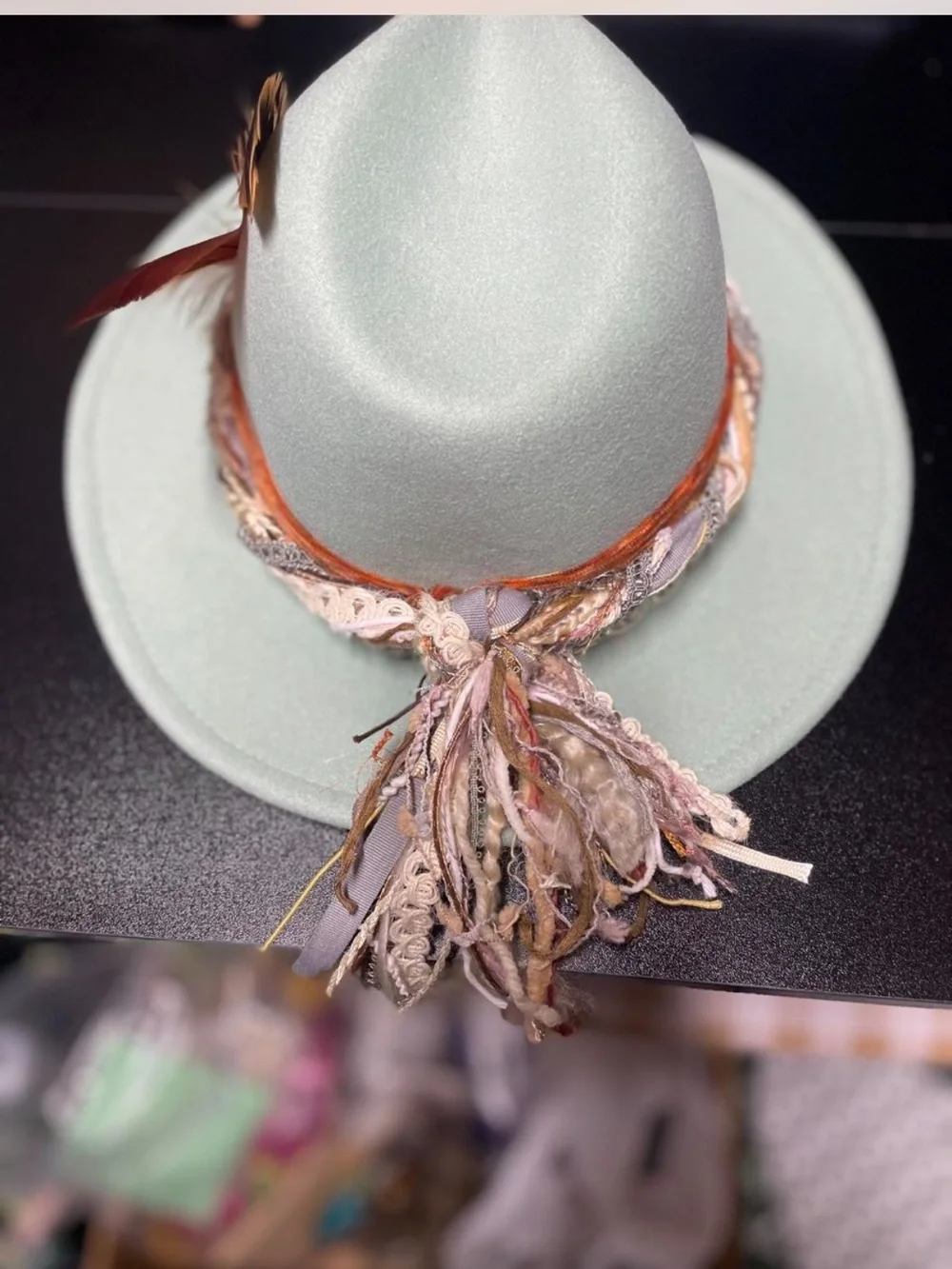 Forever 21 Mint Fedora with Orange Feather Accents